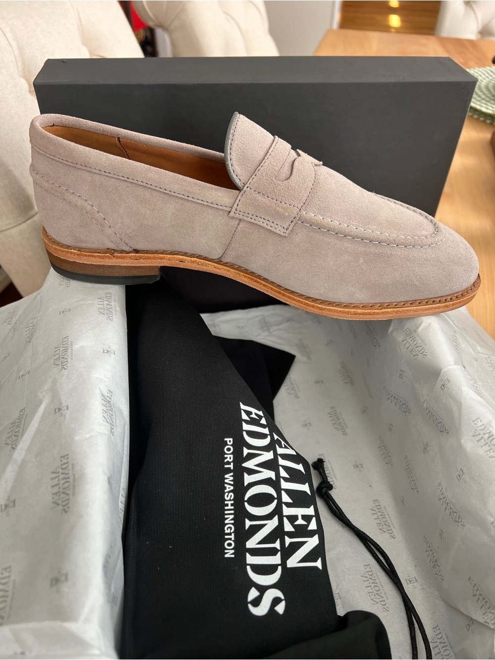 Allen Edmonds Men’s Suede Penny Loafers — Light Gray Randolph 2.0 NEW
